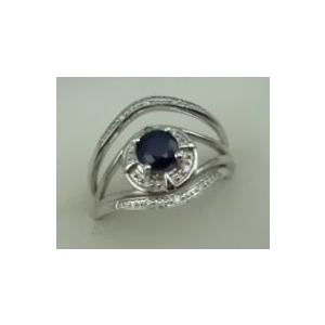 10 Karat White Gold 3Pcs Diamond Ring With Round Blue Sapphire Stone