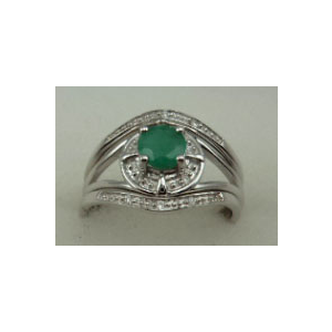 10 Karat White Gold 3Pcs Diamond Ring With Round Emerald Stone