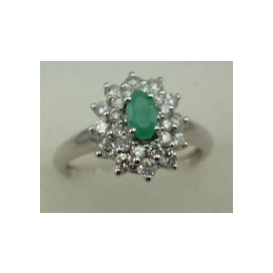 10 Karat White Gold Diamond Ring With Flower Shaped Emerald Stone 