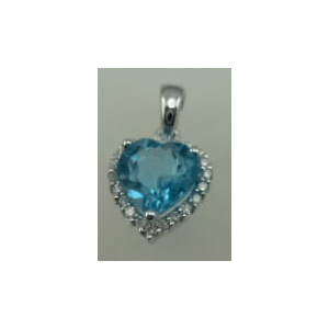 10 Karat White Gold Diamond Pendant with Heart Shaped Blue Topaz Stone