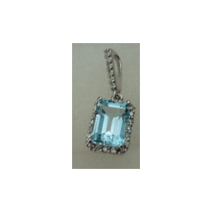 10 Karat White Gold Diamond Pendant with Rectangle Shaped Blue Topaz Stone 