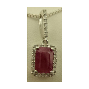 10 Karat White Gold Diamond Pendant with Rectangle Shaped Ruby Stone