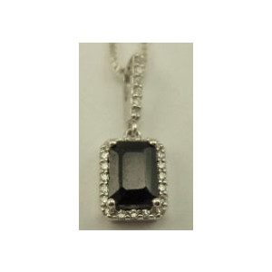 10 Karat White Gold Diamond Pendant with Rectangle Shaped Blue Sapphire Stone