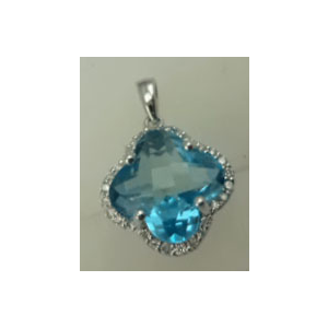 10 Karat White Gold Diamond Pendant with Flower Shaped Blue Topaz Stone