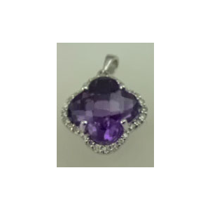 10 Karat White Gold Diamond Pendant with Flower Shaped Amethyst Stone