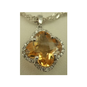 10 Karat White Gold Diamond Pendant with Flower Shaped Citrine Stone