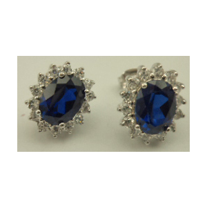 Sterling Silver Oval Shaped Studs with Synthetic Sapphire and Cubic Zirconia 