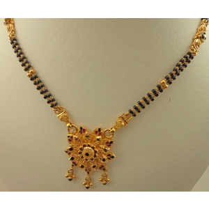 22 Karat Gold 2 Row Mangalsutra with Antique Meenakari Flower Design Pendant