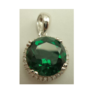 Sterling Silver with Synthetic Round Emerald and Cubic Zirconia Pendant