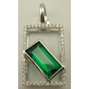 Sterling Silver with Synthetic Rectangle Emerald and Cubic Zirconia Pendant