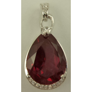 Sterling Silver with Teardrop Shaped Ruby and Cubic Zirconia Pendant  