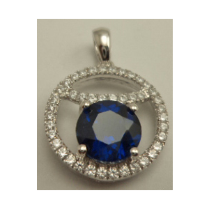 Sterling Silver Cubic Zirconia Round Pendant with Synthetic Round Sapphire