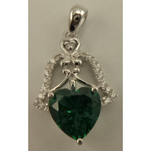 Sterling Silver Bell Shaped Pendant with Cubic Zirconia and Synthetic Heart Shaped Emerald