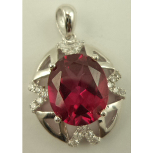 Sterling Silver Cubic Zirconia Oval Shaped Pendant with Synthetic Ruby  