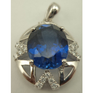 Sterling Silver Cubic Zirconia Oval Shaped Pendant with Synthetic Sapphire