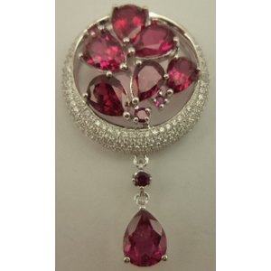Sterling Silver Cubic Zirconia Round Synthetic Ruby Pendant with Hanging Teardrop Ruby