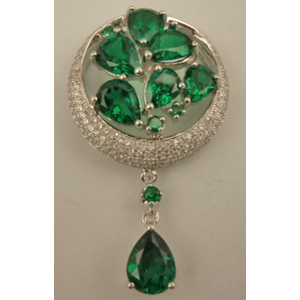 Sterling Silver Cubic Zirconia Round Synthetic Emerald Pendant with Hanging Teardrop Emerald