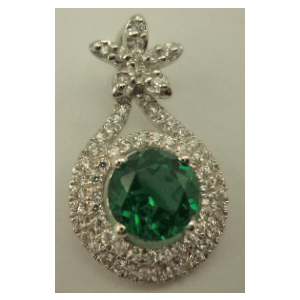 Sterling Silver Pendant with Cubic Zirconia and Synthetic Round Emerald