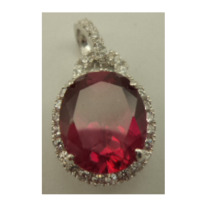 Sterling Silver Cubic Zirconia Pendant with Oval Shaped Synthetic Ruby