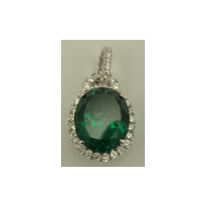 Sterling Silver Cubic Zirconia Pendant with Oval Shaped Synthetic Emerald