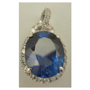 Sterling Silver Cubic Zirconia Pendant with Oval Shaped Synthetic Sapphire
