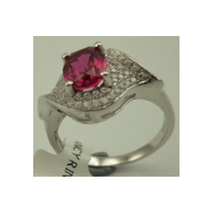 Sterling Silver Cubic Zirconia Ladies Fancy Ring with Synthetic Ruby