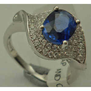 Sterling Silver Cubic Zirconia Fancy Ring with Round Synthetic Sapphire