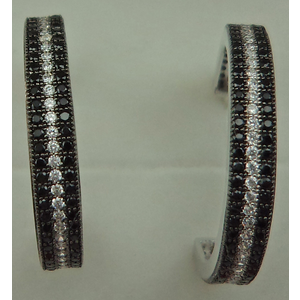 925 Sterling Silver 3 Rows Cubic Zirconia Black Stone Hoops
