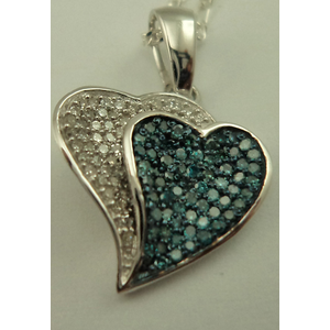 Sterling Silver with 0.33 Carat Blue  Diamonds Double Heart Pendant 