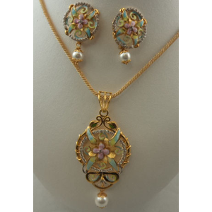 22Karat Gold  with Cubic Zirconia Round Meenakari and Pearl Hanging Fancy Pendant Set 