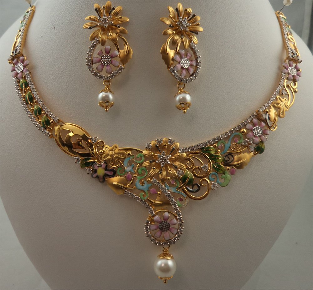 22Karat Gold with Cubic Zirconia Meenakari Flower/Leaf Fancy Italian