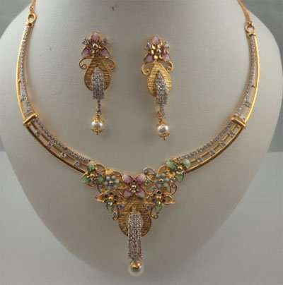 gold italian jewellery necklace pearl hanging flower meenakari cubic zirconia 22karat necklaces roll enlarge zoom