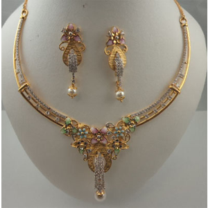 22Karat Gold with Cubic Zirconia Flower Design Meenakari Pearl Hanging Italian Design Necklace Set