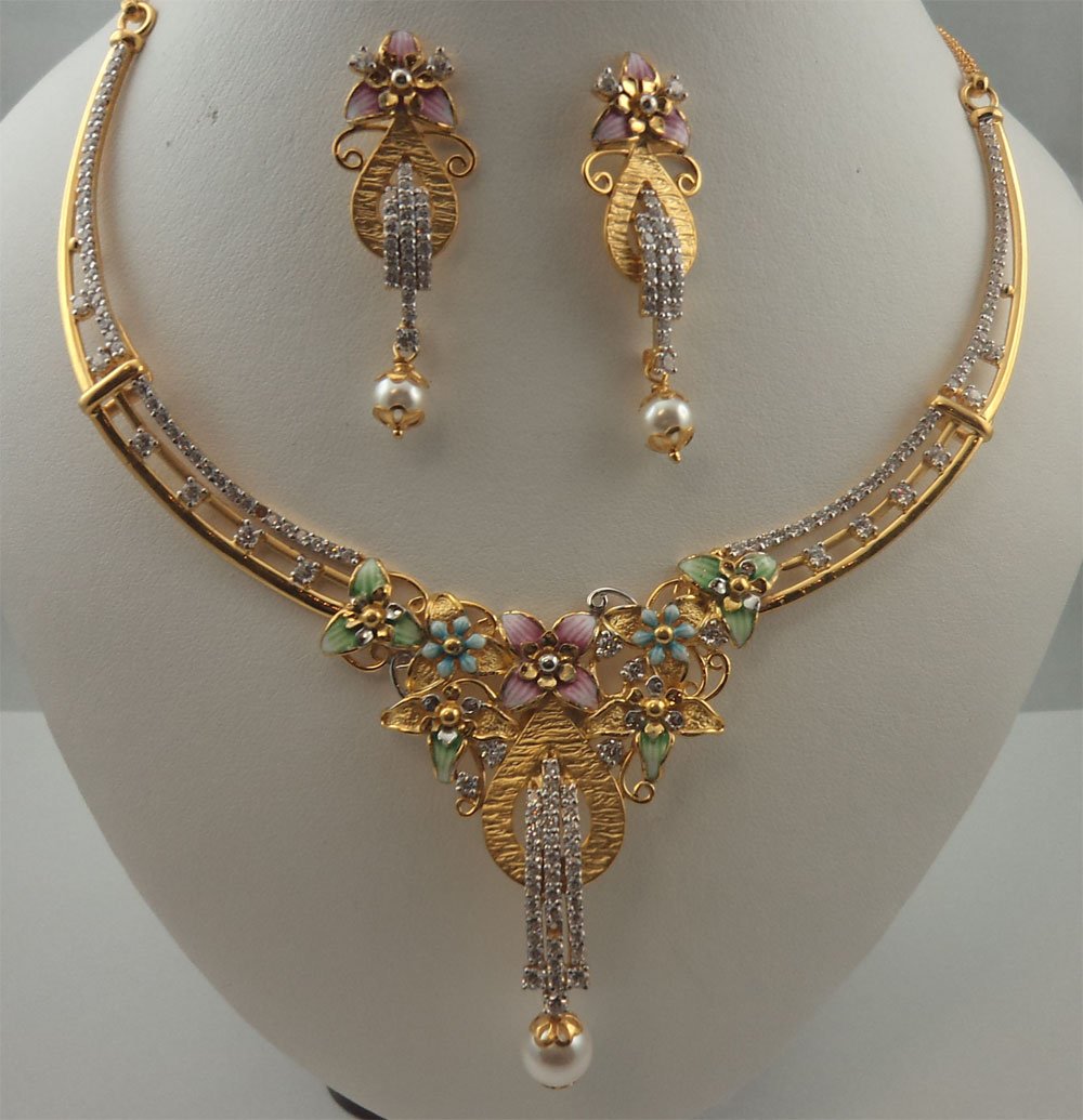 22Karat Gold with Cubic Zirconia Flower Design Meenakari Pearl Hanging