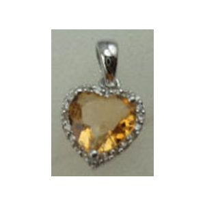 10 Karat White Gold Diamond Pendant with Heart Shaped Citrine Stone